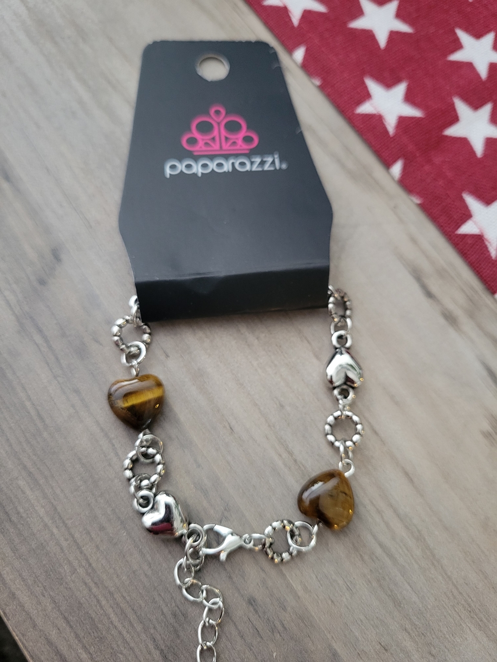 Paparazzi Silver-Tone Bracelet with Brown Tigers Eye Heart Accents